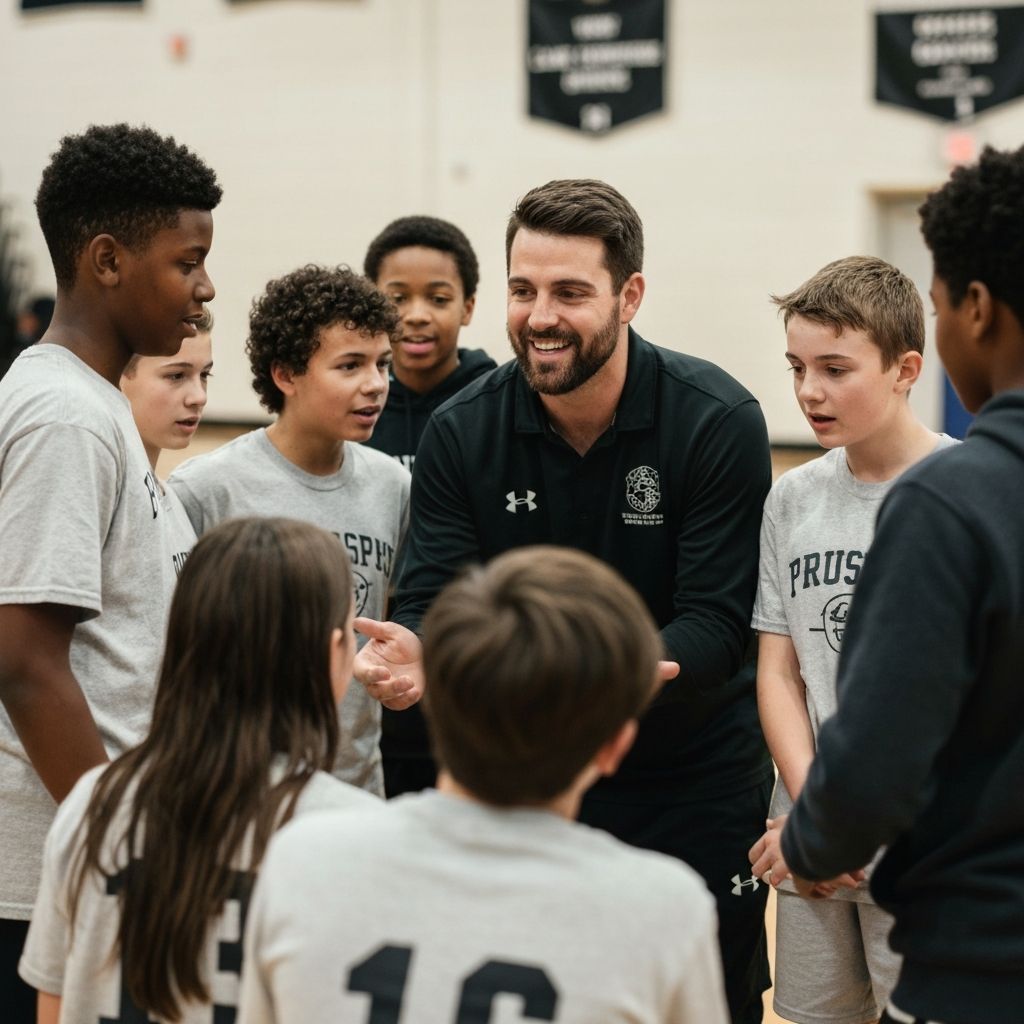 Students and a coach in conversation, building leadership.